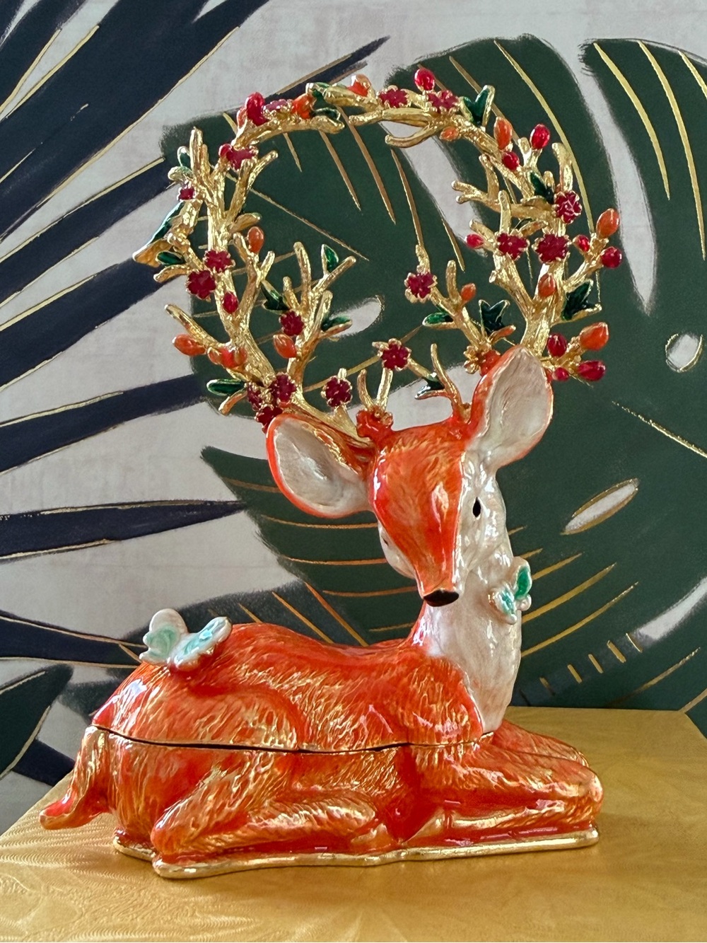 Decorative Orange Deer Figurine Jewelry Box with Floral Antlers